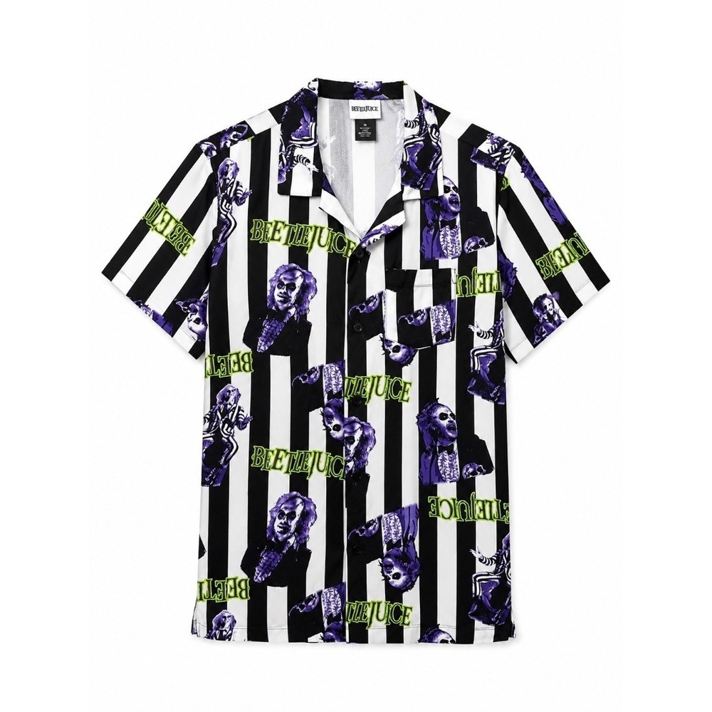 Mad Engine Beetlejuice Mens Button Up Shirt Black White Stripe Print Sm